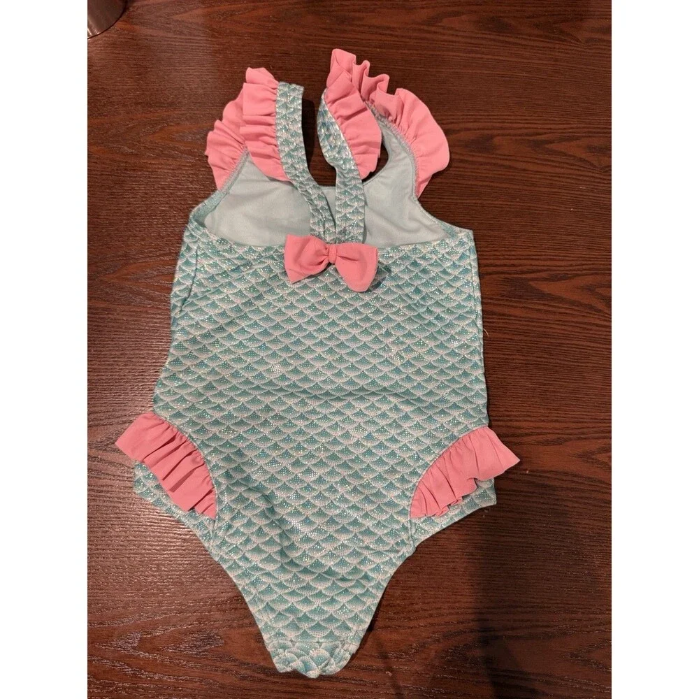 Sweet Pineapple Mermaid Scale One-Piece Swim Size 4 Blue & Pink Ruffled Bow